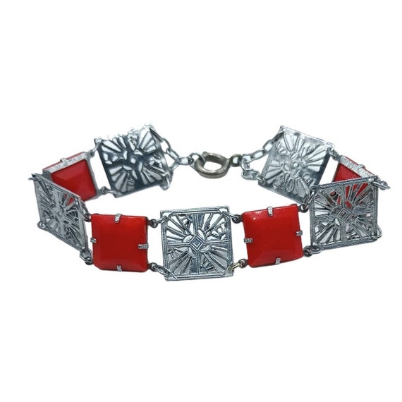 Art Deco Bracelet Red Glass SIlver Tone Link Pane… - image 1
