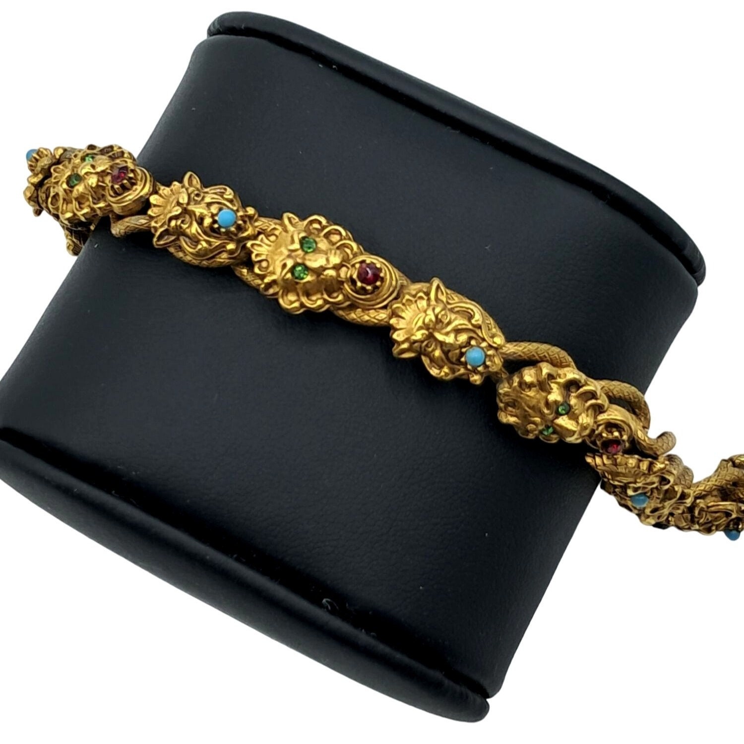 Vintage Florenza Rhinestone Bracelet Lion Heads Green Man