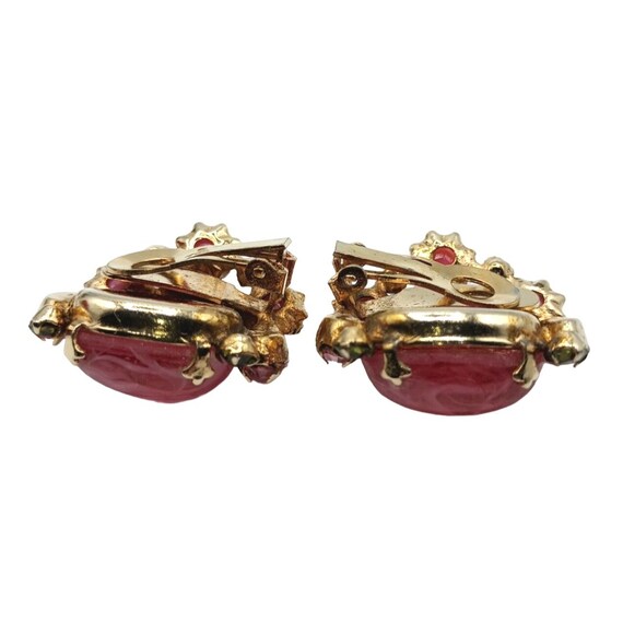 Vintage Garne Signed Pink Rhinestones Cabochons Gold Tone Clip On Earrings