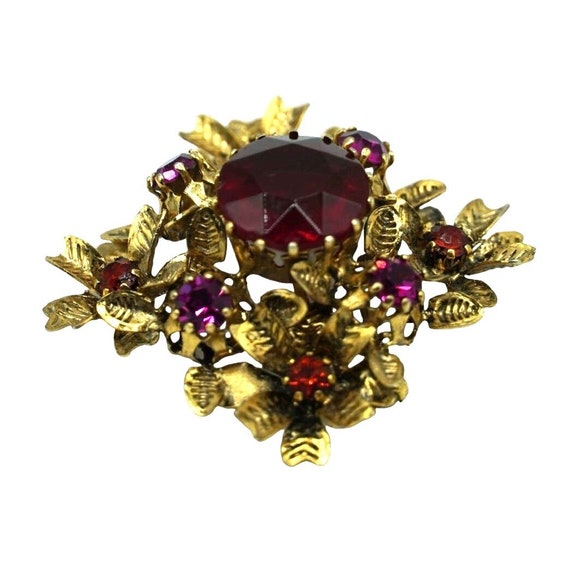 Vintage Austria Rhinestone Brooch Red, Orange, Pi… - image 3