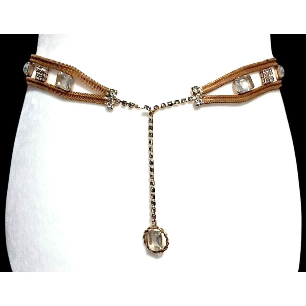 Vintage Rhinestone Belt Clear Stones Gold Tone Mesh Adjustable Dangling Charm Co Amazing WHITING & DAVIS Signed New Old Stock Vintage 1980 main image 3