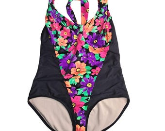 The Slimsuit One Piece Swimsuit Women 16W Black Floral Halter Crossback