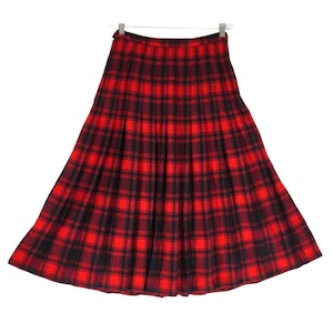 May include: A red and black plaid pleated skirt. The skirt is knee-length and has a wide waistband.