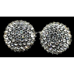 Crown Trifari Earrings Clear Rhinestones Silver Tone Clip Ons Signed Vintage Jewelry