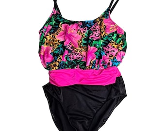 Sea Fair One Piece Swimsuit Women Size 15 / 16 Multicolor Floral Leopard Vtg