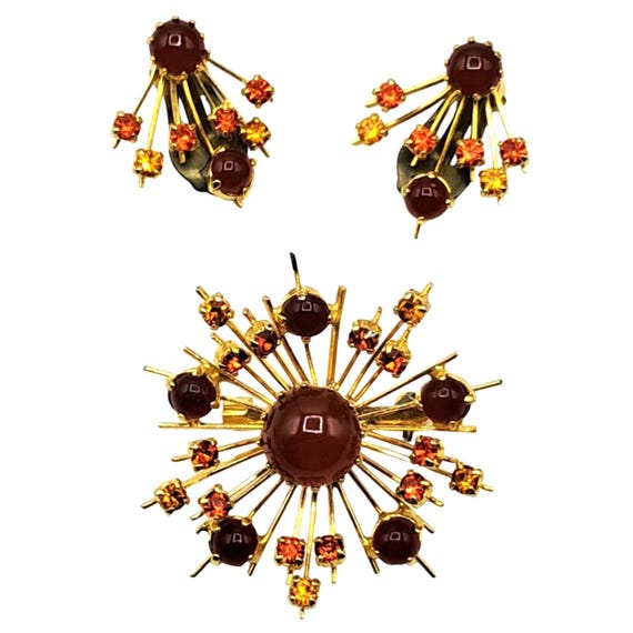 Austria Rhinestone Jewelry Set Atomic Sputnik Carnelian Red Glass Orange Yellow Gold Signed Vintage Costume Jewelry