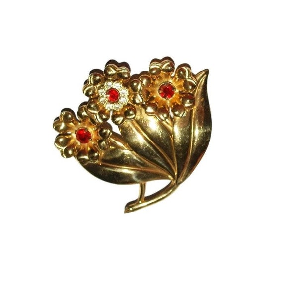 Sterling Silver Flower Brooch Red Rhinestones Gol… - image 1