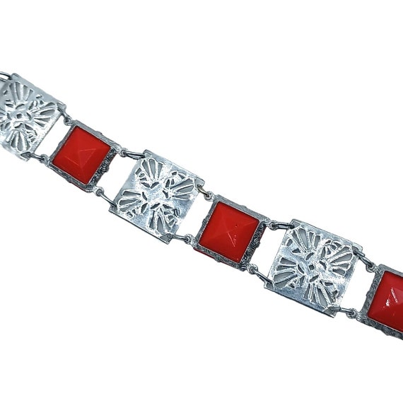 Art Deco Bracelet Red Glass SIlver Tone Link Pane… - image 9