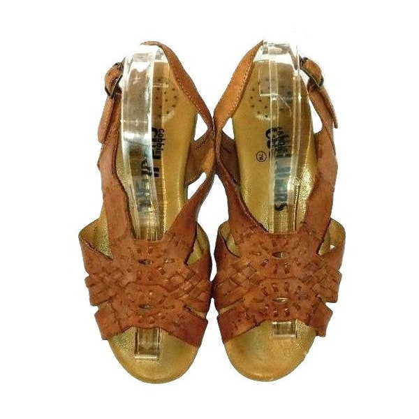 Vintage Huarache Sandals Womens Size 7 W Tan Leather Woven Shoes Brown Open Toe Slingback Wide Width Boho Hippie