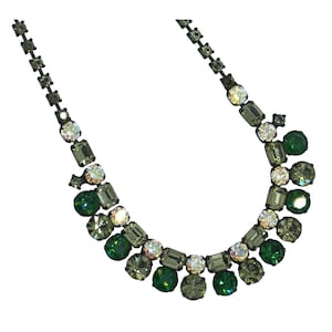 Vintage Rhinestone Necklace Green, Gray, Aurora Borealis Unsigned Regency Jewelry