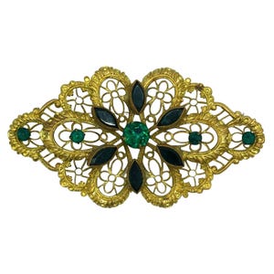 Vintage Antique Green Rhinestone Brooch Gold Tone Filigree Victorian Costume Jewelry