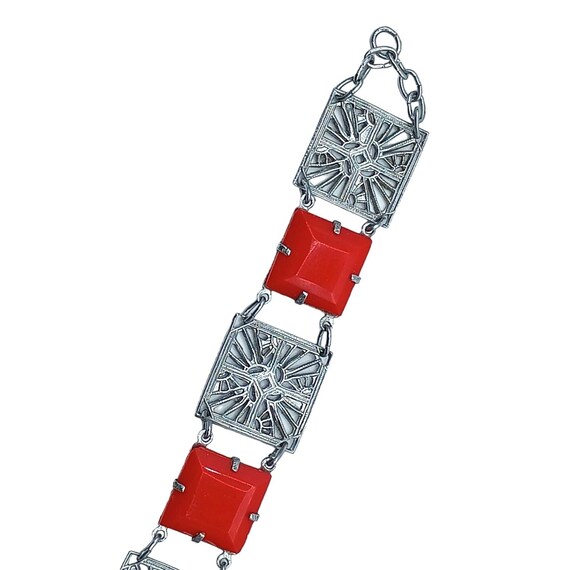 Art Deco Bracelet Red Glass SIlver Tone Link Pane… - image 5