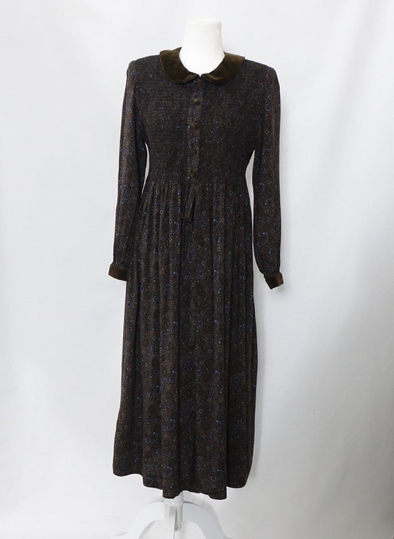 Vintage Modest Paisley Print Dress Brown Velvet T… - image 2