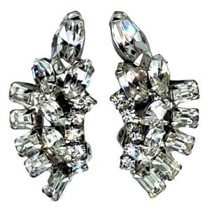 Vintage Rhinestone Earrings Ear Climbers Clear Stones Silver Tone Clip On Costume Jewelry