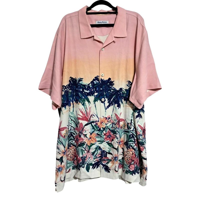 Tommy Bahama Silk Shirt Mens XXL Hawaiian Tropical Palm Print Ombre Pink Floral zdjęcie 1