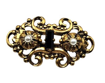 West Germany Rhinestone Brooch Collar Pin Red Baguette Faux Pearl Vintage Costum