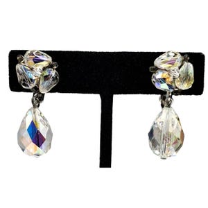 Vintage Vendome Crystal Earrings Dangling Drop Aurora Borealis Beaded Clip Ons Signed Costume Jewelry