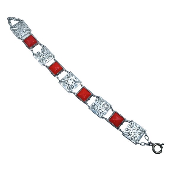 Art Deco Bracelet Red Glass SIlver Tone Link Pane… - image 6