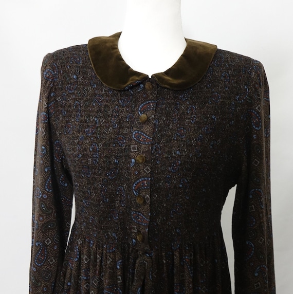 Vintage Modest Paisley Print Dress Brown Velvet T… - image 1