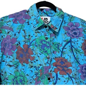 Vintage Floral Shirt Men&#39;s Size 38 Button Up Batik Blue Purple Red Green Flowers Men&#39;s Women&#39;s Unisex Boho Hippie Hawaiian Camp