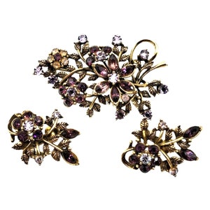 Vintage Coro Rhinestone Brooch Earrings Set Purple Rhinestones Pin Clip Ons Floral Signed Jewelry