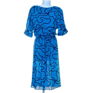 Vintage Blouson Dress Womens 10 Blue with Black Design Button Back Dolman Miss Oops 80s