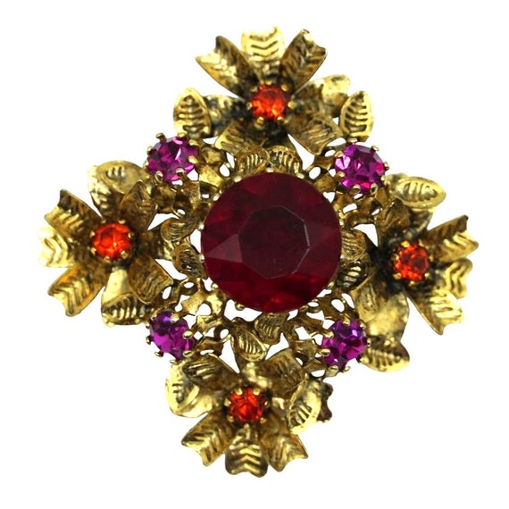 Vintage Austria Rhinestone Brooch Red, Orange, Pi… - image 1