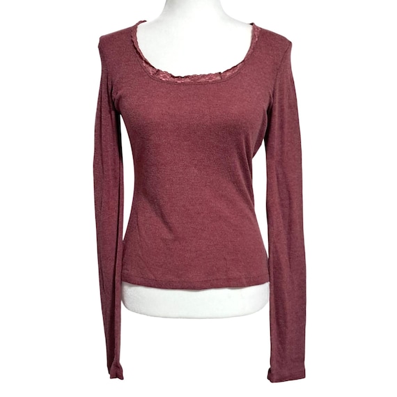Energie Long Sleeve Scoop Neck Top Women XL Burgundy Lace Trim Marled Y2K 90s