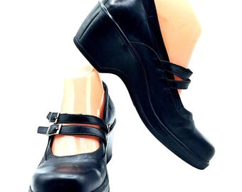 Vintage Dansko Mary Jane Wedge Shoes Women Size 41 Black Leather Double Buckle