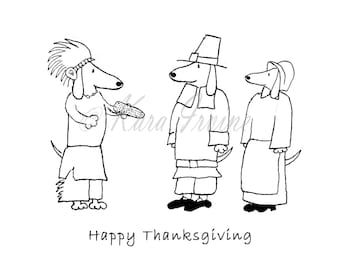 Dachshund Thanksgiving Cards, Happy Thanksgiving Card with Pilgrims and Indians, Benefits Animal Rescue- Set of 5 Cards with Envelopes