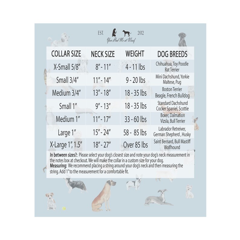 May include: A light blue chart with dog collar size information, including neck size, weight, and breed recommendations. The chart includes sizes from X-Small to X-Large, with measurements in inches and pounds. The text "You Had Me at Woof" is at the top.