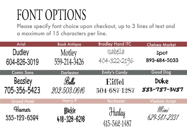 May include: Font options graphic with text examples in various fonts, including Arial, Book Antiqua, Comic Sans, and others. Each font is displayed with a sample name and phone number. The text reads "Please specify font choice upon checkout."