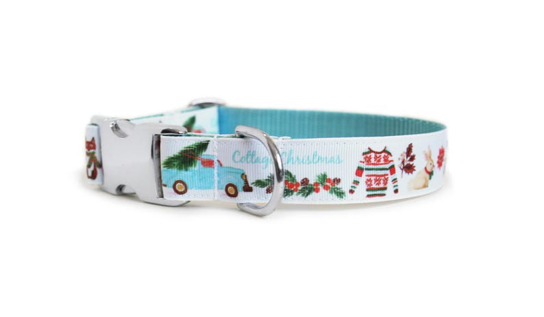 May include: A white dog collar with a festive Christmas design. The collar features a light blue interior and a repeating pattern of a blue truck carrying a Christmas tree, a holiday sweater, and a bunny. The text "Cottage Christmas" is also visible.