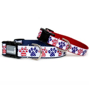 Patriotic Dog Collar with Red White and Blue Paw Prints