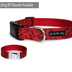 May include: Red dog collar with a black and white rose print and the text "You Had Me At Woof". A matching red bracelet with the same print is also shown.