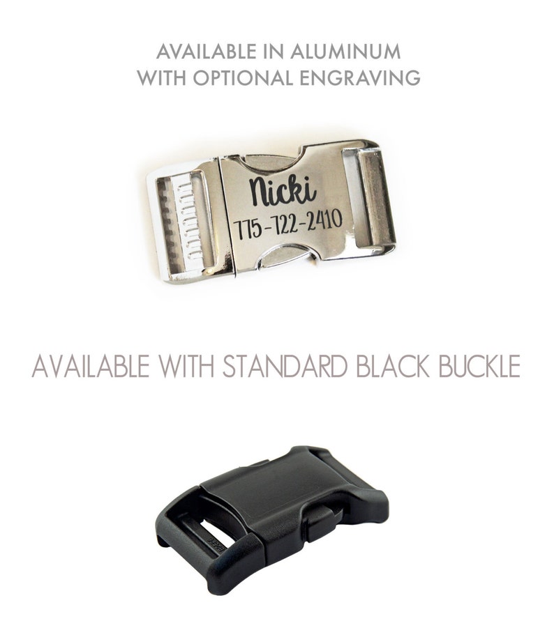 Puede incluir: Dos hebillas para collar de perro. La primera es una hebilla plateada con el texto "Nicki 715-122-2410" grabado en ella. La segunda es una hebilla de pl&aacute;stico negro. Disponible en aluminio con grabado opcional. Disponible con hebilla negra est&aacute;ndar.