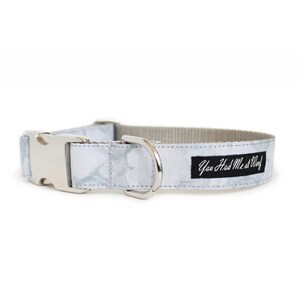 Beautiful Carrara marble dog collar with optional engraved aluminum buckle and stainless steel D-ring.