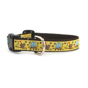 Puede incluir: Un collar para mascotas de color amarillo con un patrón repetitivo de ardillas marrones, búhos azules, pájaros amarillos y pequeños corazones rojos sobre ramas. El collar tiene un reverso de nailon marrón oscuro, una hebilla de plástico negra y una anilla en D de metal plateado.