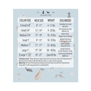 May include: A light blue chart with dog collar size information, including neck size, weight, and breed recommendations. The chart includes sizes from X-Small to X-Large, with measurements in inches and pounds. The text "You Had Me at Woof" is at the top.