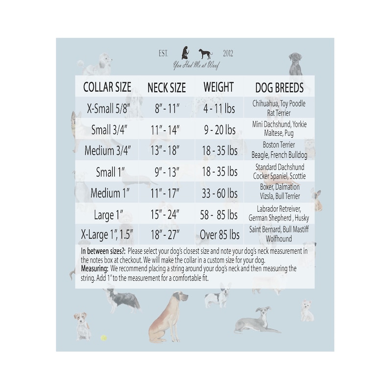 May include: A light blue chart with dog collar size information, including neck size, weight, and breed recommendations. The chart includes sizes from X-Small to X-Large, with measurements in inches and pounds. The text "You Had Me at Woof" is at the top.