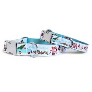 Cute dog collar in white with a Christmas sweater, bunny with bow, and the words, Cottage Christmas.