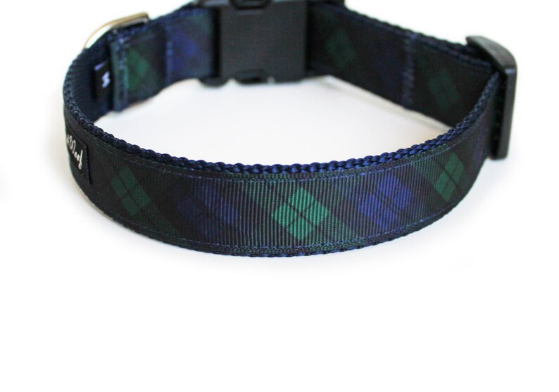 Puede incluir: Un collar de perro azul marino con un patr&oacute;n de cuadros negros y verdes.