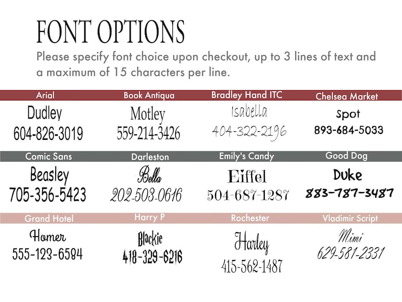 May include: A chart showing different font options for a custom design. The chart is divided into 10 sections, each with a font name, a sample text, and a phone number. The font names are Arial, Book Antiqua, Bradley Hand ITC, Chelsea Market, Comic Sans, Darleston, Emily's Candy, Good Dog, Grand Hotel, Harry P, Rochester, and Vladimir Script.