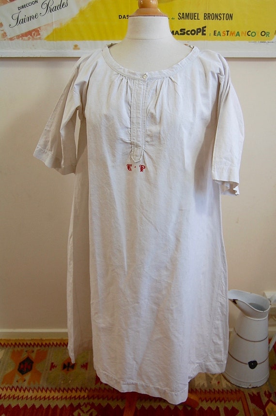 Antique Linen Night Dress - Smock - Monogram - In… - image 8