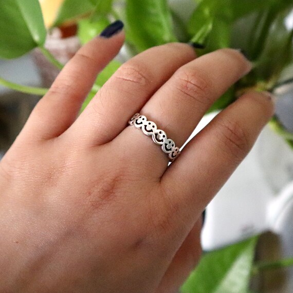 Sterling Silver Stamped Smiley / Happy Face adjustable band ring