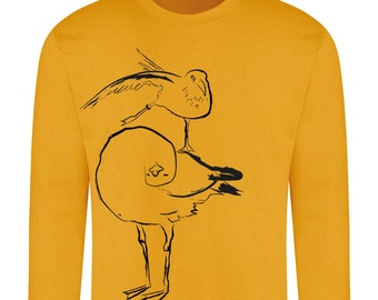 Unisex sweatshirt jumper mustard with bird print gift for him gift for her