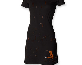 Funky t shirt dress, gift for her, women fox dress, fox in the rain, foxy tee dress, painted apparel, hipster women dress