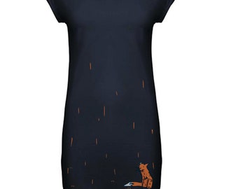 Navy fox dress women shirt dress painted dress flowy dress loose fit dress animal dress