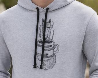 Fox Hoodie Unisex – Hand Drawn Animal Art Hoodie, Organic Cotton Hoody, Graphic Fox Sweatshirt Gift for Coffee lover