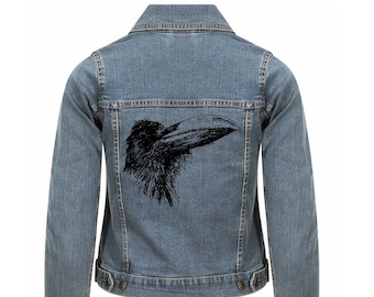 Denim jacket blue women Raven unique blazer jeans blue wash bird print